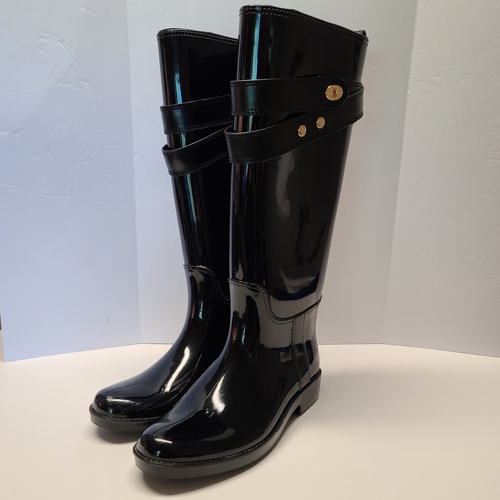Coach Talia Black Tall Gold Turn Lock Logo Rubber Rain Boots A7850 Size 7M